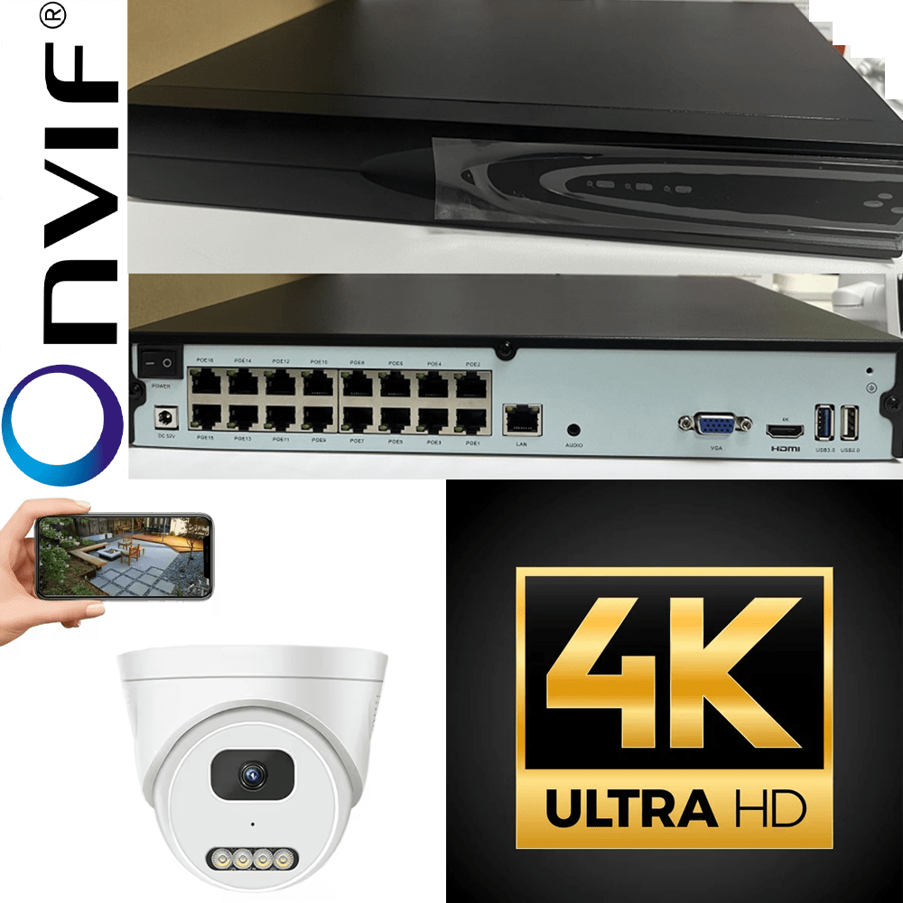 Set met 10x 5MP PoE camera's + 16 kanalen 4K PoE NVR recorder