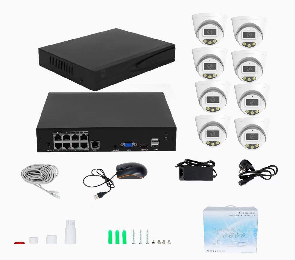 Compleet set met 8x ip camera's 8MP, PoE, AI, 2weg audio