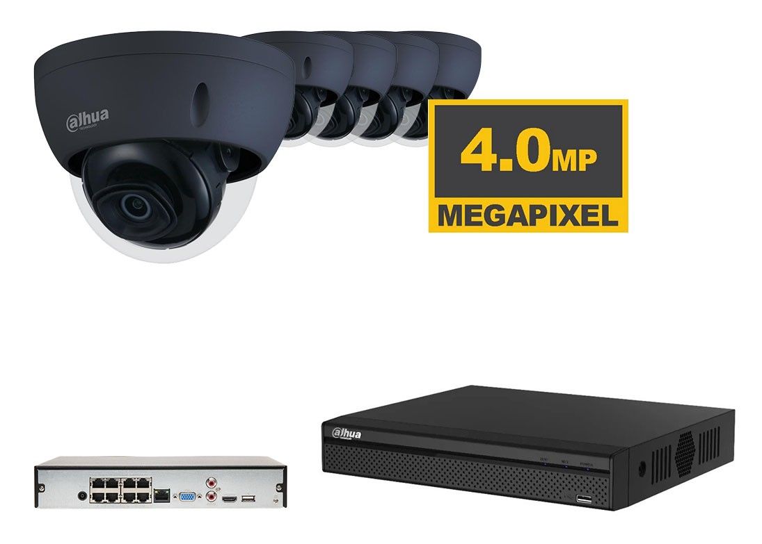 Dahua 5x zwarte IP starlight bewakingscamera set met 4MP en anti vandalisme koepel