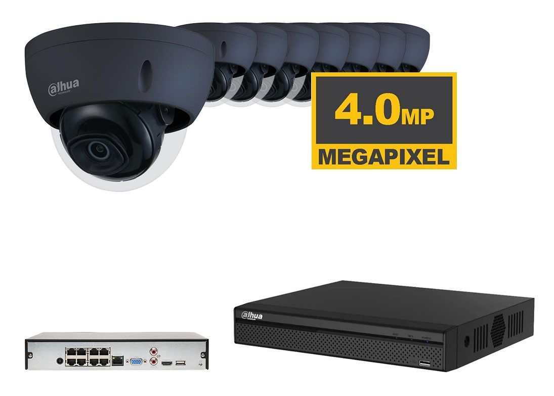 Dahua 8x zwarte IP starlight bewakingscamera set met 4MP en anti vandalisme koepel