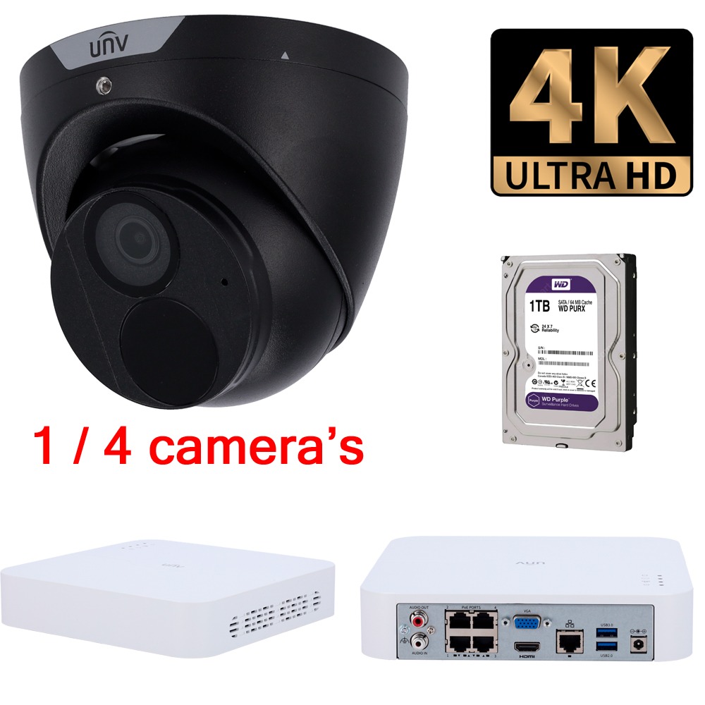 Prime UNV eyeball bewakingscamera set zwart, PoE systeem 30m nachtzicht