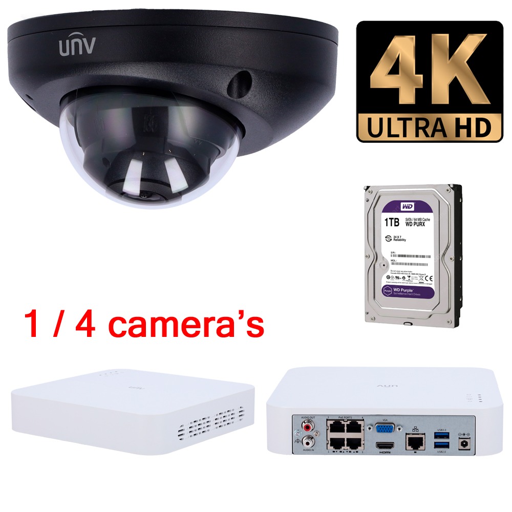 8MP UNV camerabeveiliging set plat mini vandaalbestendige camera zwart